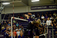 Abbe Morten and Belle Harms go for a block on Kaitlyn Heimes spike
